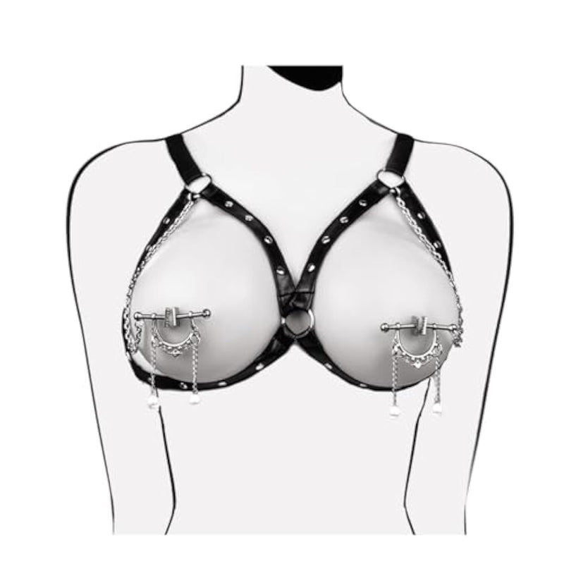 Bdsm Breast Bondage Restraint Set, Nipple Clamp Adjustable Sm Toys, Gothic Punk Leather Bondage Chest Restraints For Fetish Men, Women And Couples