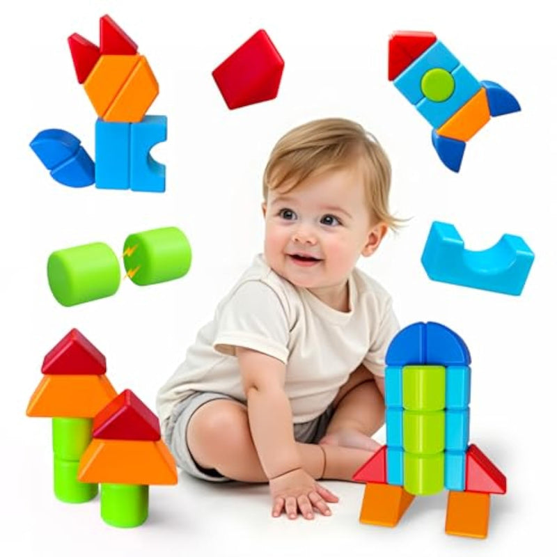 Magnetic Building Blocks, Large Magnetic Blocks For Kids Ages 1-3, 3D Geometric Shapes Stacking Blocks Set, Montessori Sensory Toys For Toddlers, Boys & Girls (12Pcs)