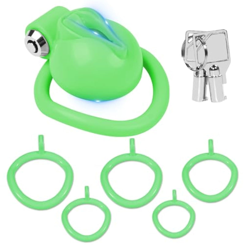 Sissy Styled Chastity Cage Male One-Touch Locking Chastity Device Set With 5 Rings Cock Cage Sm Bondage Sex Toys For Men (Green)