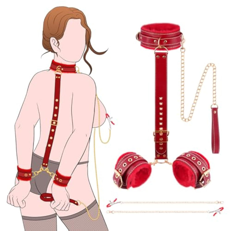 Bdsm Adult Sex Toys For Couples - Premium Leather Neck To Wrist Kit With Handcuffs, Collar & Traction Chain With Soft Faux Fur, Nipple Clamps | Universal Size Bondage Gear Accessories For Couple Kinky