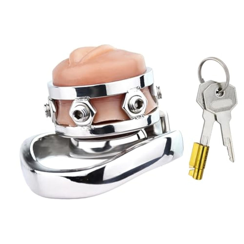 Men Stainless Steel Chastity Cage Simulated Silicone Vaginal Penis Cage Cock Cage Gay Small Chasity Cock Cage Bondage Man Sex Toys (Curved Ring, 45Mm)