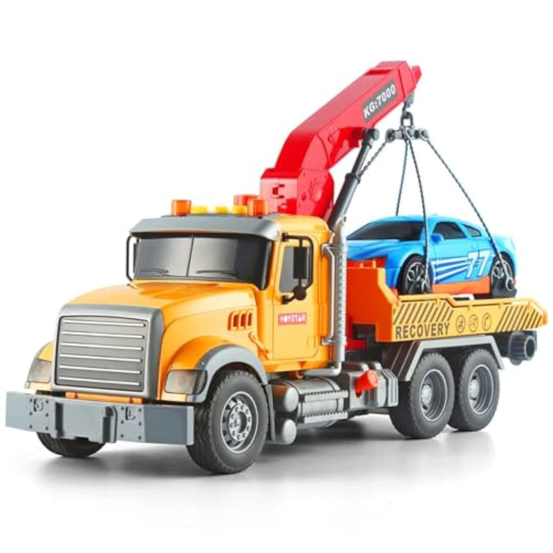 Kids Toys For 3 4 5 6 7 Years Old Boys, 15" Large Tow Truck Toy,Friction Powered Transport Truck Crane Toy With Lights And Sounds,With Roadster,Toddlers Gifts