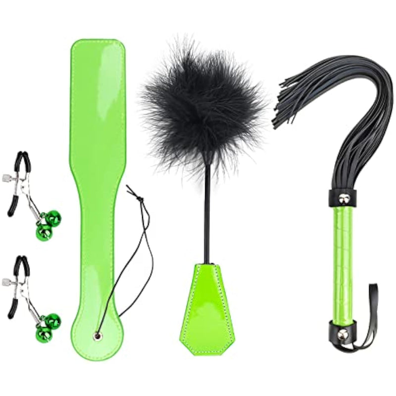 4 Pcs Bdsm Training Set Sex Whip Adult Sex Flap Paddle Role Playing Adult Role Playing Sex Game Bdsm Feather Hand Flap Whip Nipple Clip Green