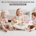 Kids Guitar Set For Girls - Toys For 2 3 4 Year Old Girl Birthday Gifts - 7 In 1 Wooden Montessori Musical Instruments With Ukulele/Tambourine/Maracas/Flute For Toddler 2-5(Pink)