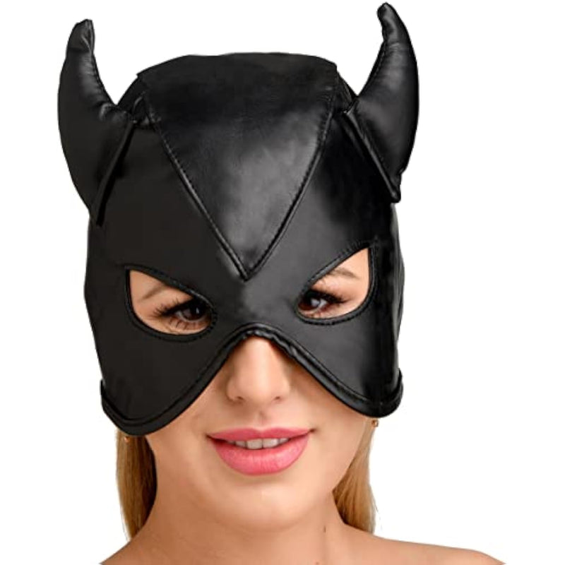 Sex Bondage Hood With Horns. Bdsm Mask And Sexy Fetish Cosplay Fantasy Costume For Women, Men & Adult Couples. Machine Washable, Vegan Leather, Black, One Size Fits Most