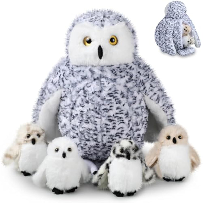 5 Pcs Snowy Owl Stuffed Animal 16 Inch Mommy Stuffed Plush Toy With 4 Baby Owl In Zippered Tummy Cuddly Plushies Toy Gifts For Kids Adults Birthday Christmas Party Decors