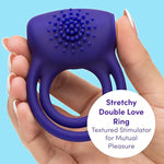 Bed Ringer Vibrating Cock Ring - Stretchy Textured Double Penis Ring - 12 Function Stimulation Device For Couples Sex - Rechargeable - Waterproof - Blue