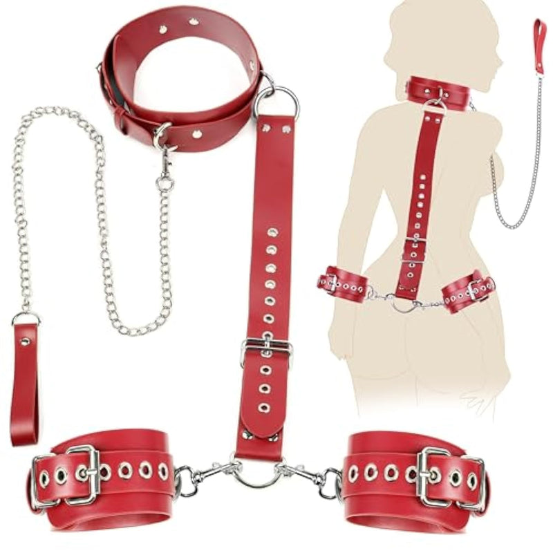 Bdsm Bondage Sex Restraints Set Couples Sex Toys, Neck To Wrist Restraints Kit With Traction Chain Back Sex Handcuffs Collar Adjustable Bondage Gear Accessories Sm Sexy Slave Beginner Role Play Games
