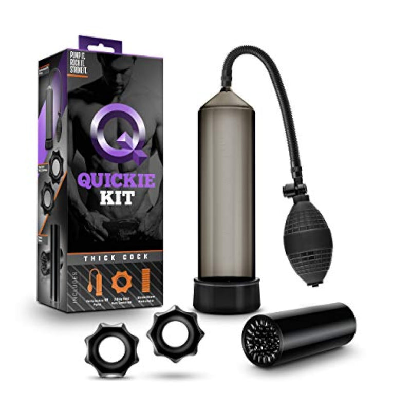 Blush Quickie Kit 9.5" Penis Pump W/Masturbator Stroker Sleeve, Thick Cock - 2 Penis Rings & Suction Pump - Male Enlargement & Pleasure Pump For Harder & Longer Erections Sex Toy For Men - (Black)