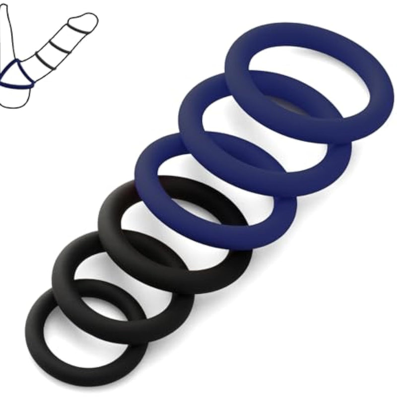 Adult Sex Toys Male Silicone Cock Glans Penis Rings Men Delay Ejaculation, Set Of 6 Multi Sizes (Black Blue)