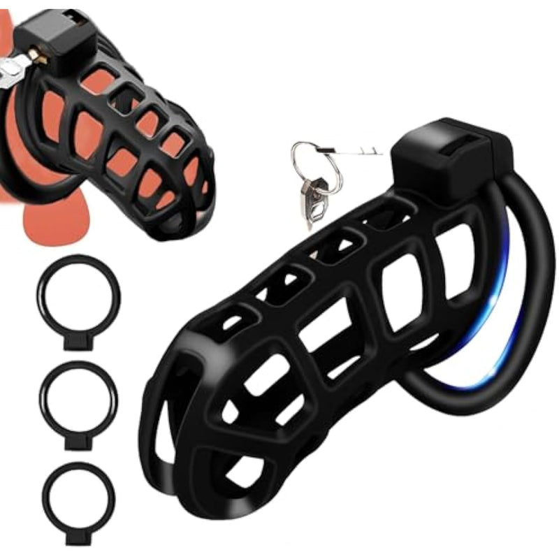 Male Chastity Cage,Large Chastity Device With 4 Sizes Rings For Men Penis Erection Control,Apply To Man Penis Exercise Bondage Gear & Accessories Lightweight Adult Sex Toy.Large Size