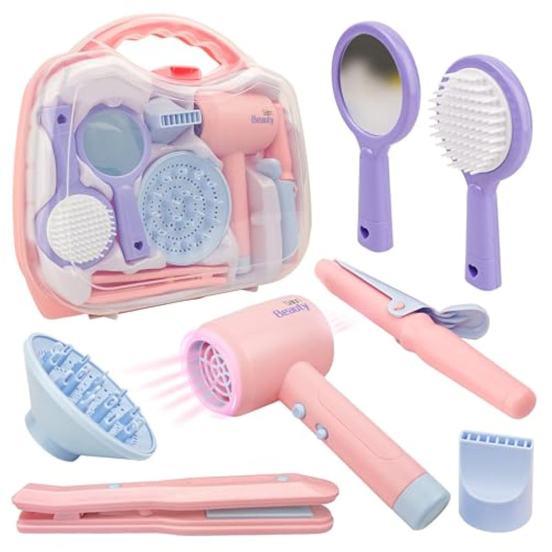 Hair Salon Toys For Girls - Pretend Play Hair Styling Toy Set With Realistic Blow Dryer, Hair Straightener, Kids Beauty Play Set Including Curling Iron, Brushes & Storage Case