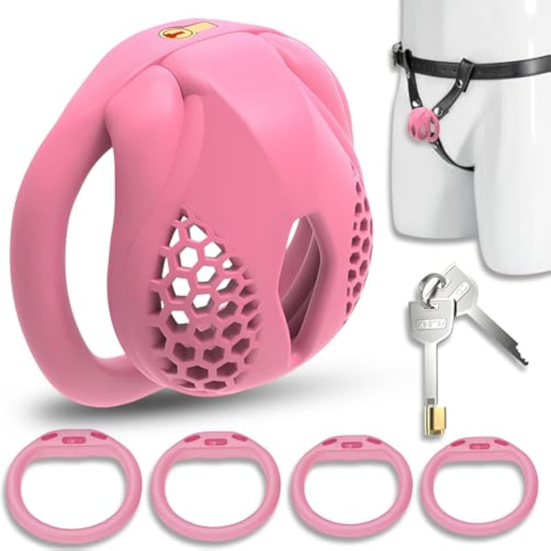 Honeycomb Chastity Cage With 3-Way Fixed Leather Belt, Men'S Gay Leather Thong Chastity Underwear Sex Toys, Small Locking Penis Cage Set For Men, Women And Couples (P04-Micro-Pink)