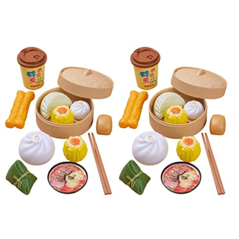 2 Sets Kids Pretend Play Toy Kitchen Cooking Toy Steamed Toy Food Chinese Breakfast Food Play Set Dollhouse Furniture (26Pcs)