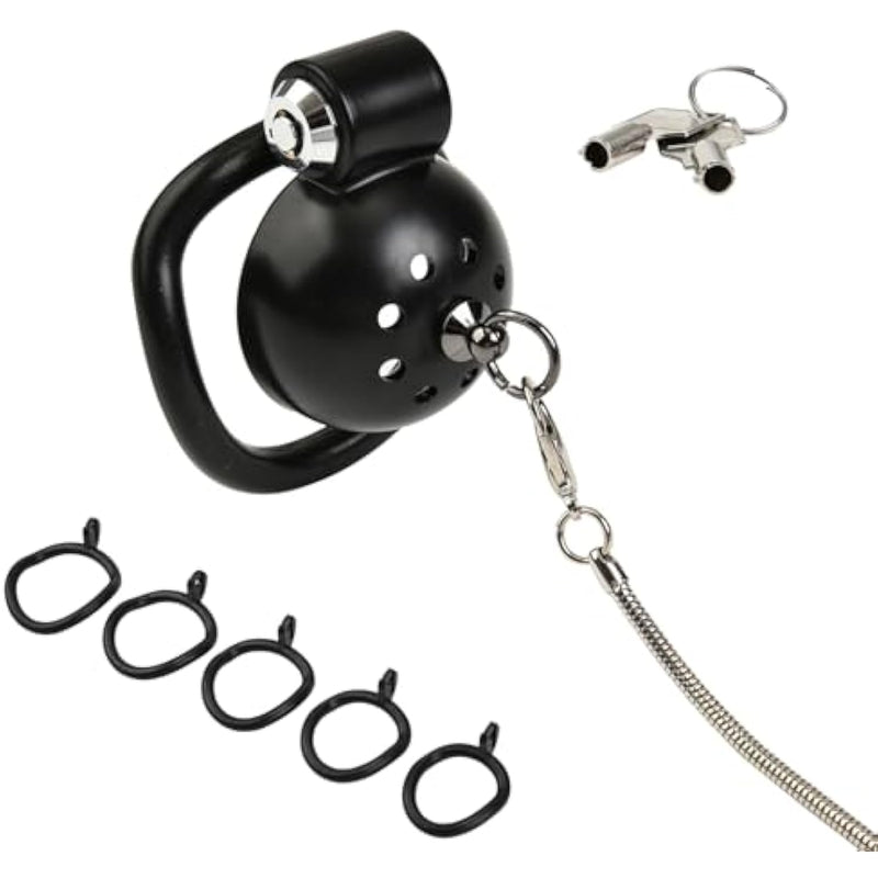 Press Lock Chastity Cage For Men With 5 Cock Rings And Pull Rope, Abs Round Head Chastity Devices With Ventilation Holes Sm Penis Bondage Extreme Sex Toy For Mens (Black)