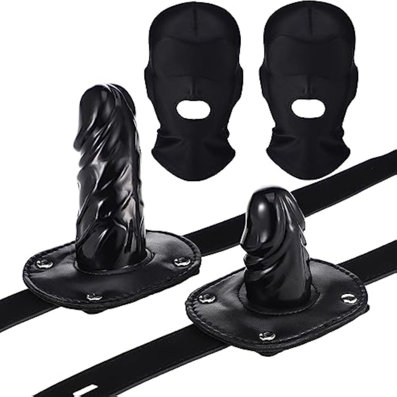 4 Pcs Realistic Dildo Gag And Hood Mask Include 2 Penis Gag With Adjustable Lock Bondage Leather Strap In 2 Sizes And 2 Breathable Black Face Mask, Adult Sex Toy (Retro)