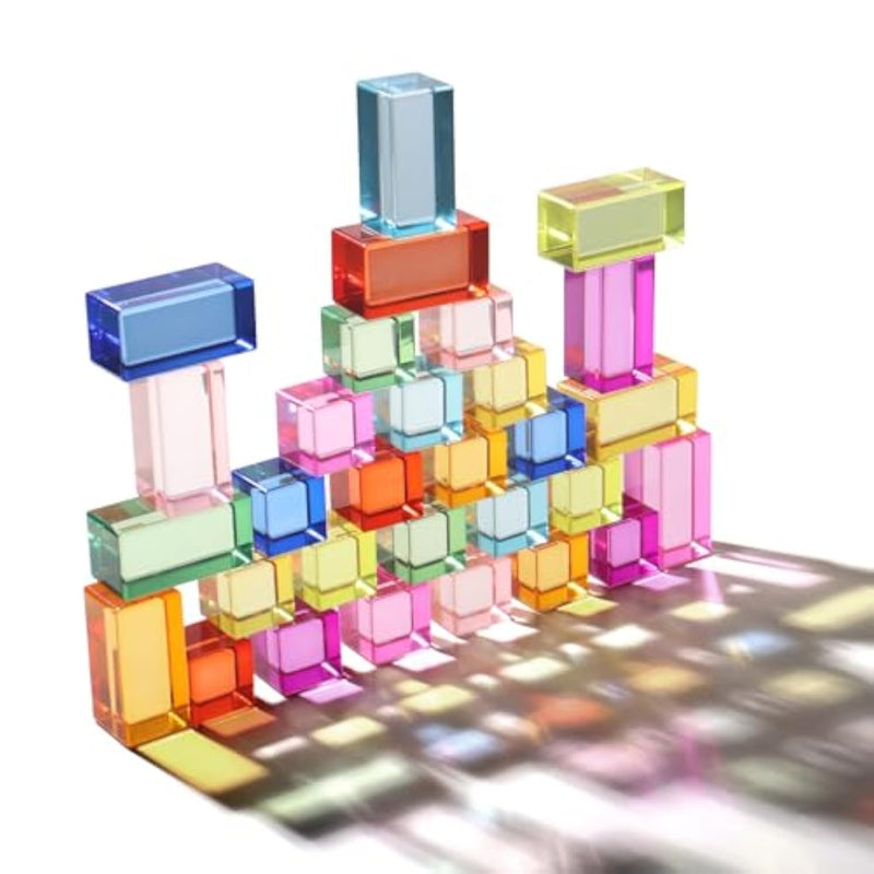30 Pcs Mixed Acrylic Blocks Set - 10 Long (2.5X2.5X5Cm) + 20 Cube (2.5X2.5X2.5Cm) Rainbow Gem Blocks, Sensory Stacking Toy For 1 2 3 4 Years Old, Boys Girls Gift With Rich Building Possibilities