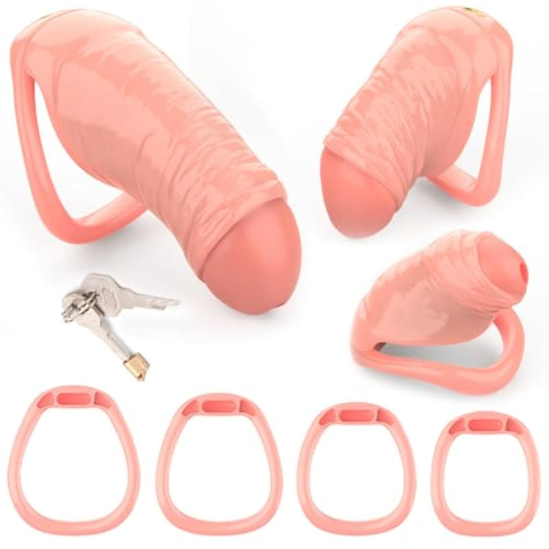 Realistic Penis Chastity Cage Chastity Devices For Male With 4 Ring Set, Resin Sissy Hollow Penis Style Chastity Device Dildo Shape Bondage Cock Cage Adult Sex Toys For Growers Men Couple (Xs)