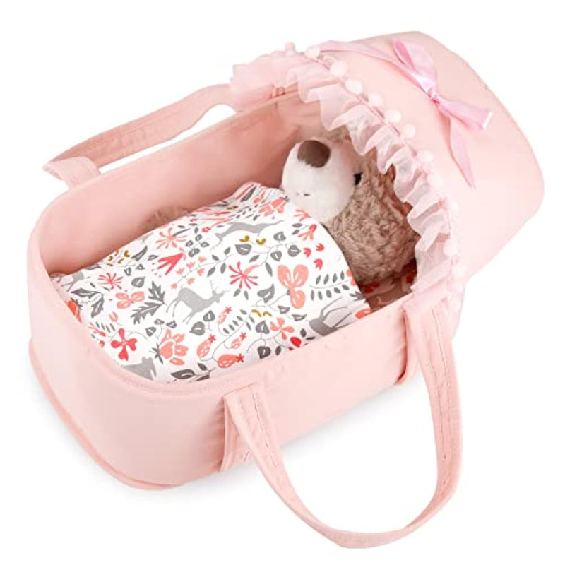 Baby Doll Bassinet, Doll Carrier Doll Carry Cot Set With Canopy And Pillow Blanket For 9 10 11 12 Inch Dolls Stuffed Animals - Pink
