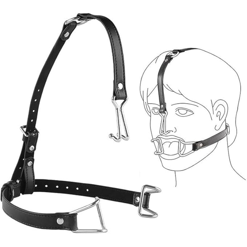 Open Mouth Gag Restraint Leather Head Harness Nose Hook With Metal Mouth Enlargement Ring Bondage Mouth Gags Set Slave Toys For Couples