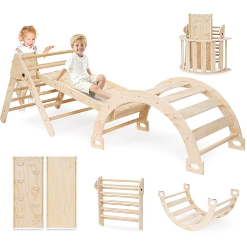 Pikler Triangle Set For Toddlers, 7-In-1 Foldable Baby Climbing Toys With Safety Strap, Indoor Solid Wooden Arch, Ramp, Ladder For Active Play - Classic