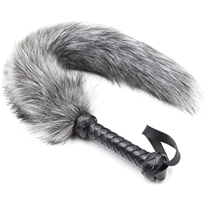 Soft Fur Whips With Pu Leather Handle And Fluffy Feather Tail, Flogger Crop For Unisex Grey