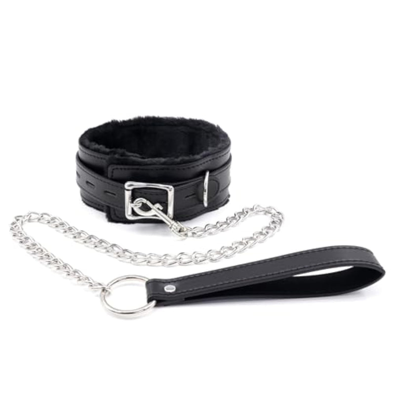 Fur-Lined Black Leather Bondage Collar and Leash Set for BDSM Games