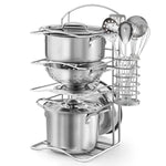 12Pcs Kids Pretend Play Kitchen Accessories Toy Stainless Steel Metal Pots And Pans Playset With Rack Mud Kitchen Accessories Toy Pots And Pans For Kids Toddler Age 3 Years Old