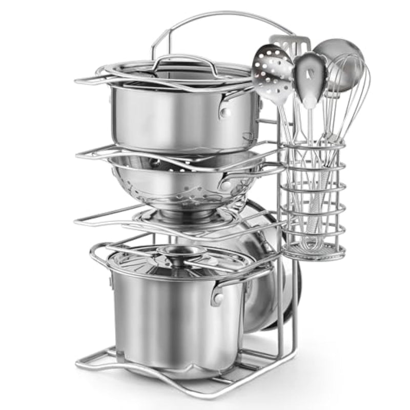 12Pcs Kids Pretend Play Kitchen Accessories Toy Stainless Steel Metal Pots And Pans Playset With Rack Mud Kitchen Accessories Toy Pots And Pans For Kids Toddler Age 3 Years Old