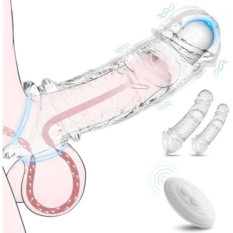 Penis Sleeve Vibrating Cock Sleeve - 2 Sizes Penis Extender Reusable Realistic Adult Sex Toys Remote Control Couples Vibrator With 10 Modes Elastic Penis Ring Girth Enhancer For Men