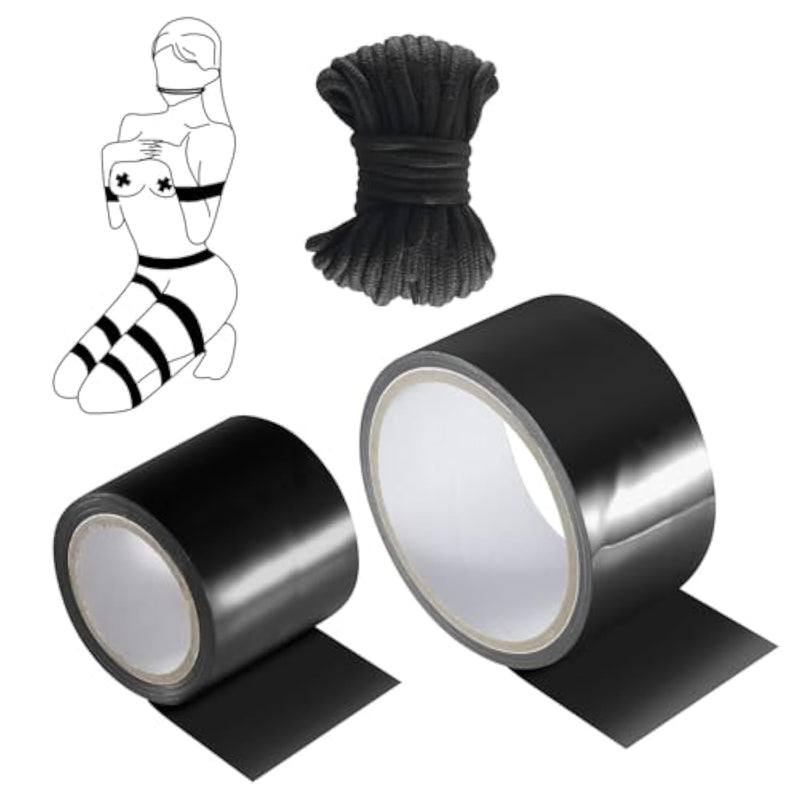 Bdsm Bondage Restraints Tape Set - 2 Rolls Restraint Tape With Soft Bondage Rope For Bdsm Games Adult Sex Toys Reusable Binding Sex Rope Pvc Electrostatic Tape Sex Things For Couples Kinky (Black)