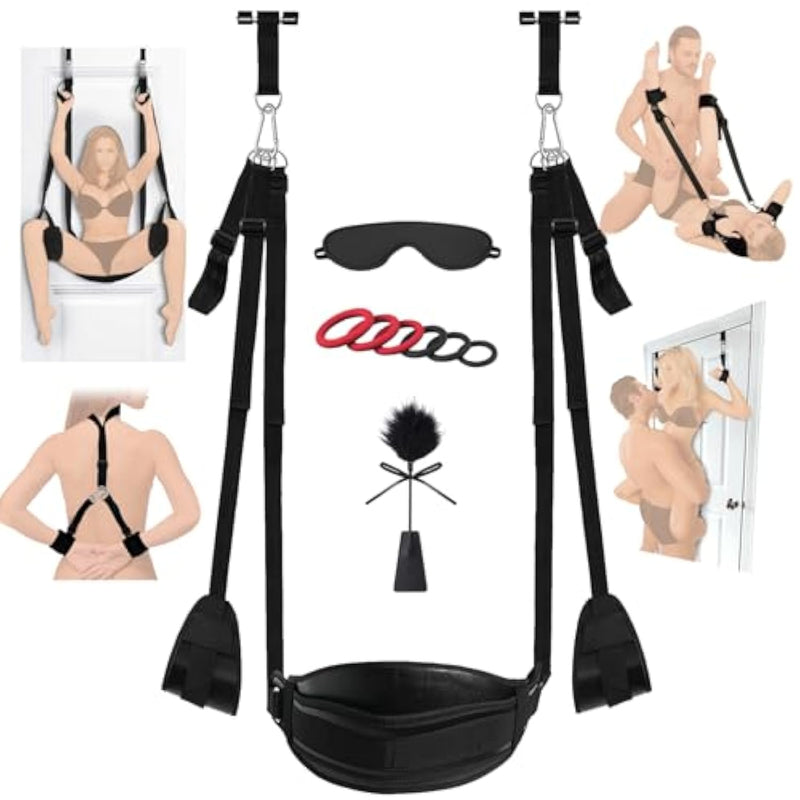Adult Sex Toys Bdsm Door Sex Swing With Seat, 9 Pcs Sex Toys Bondage Set With Penis Ring, Eye Mask, Feathers Whip, Diy Bondage Sm Games For Couples, Adjustable, Removable, Free Combination