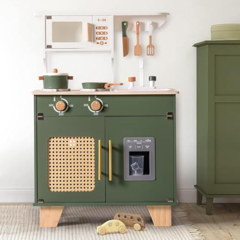 Play Kitchen, Kids Kitchen Playset With Pretend Ice Cube Dispenser For Kids Aged 3+, Wooden Toy Kitchen Of Birthday Gift To Kids, Vintage Green