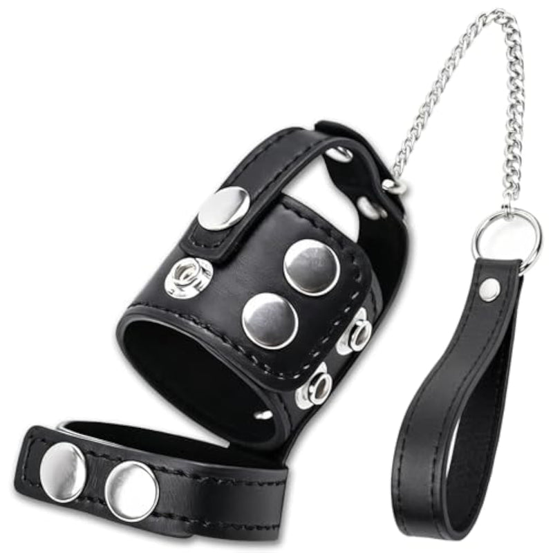 Leather Adjustable Testicle Restraint Chastity Cage with Chain for CBT and BDSM Play