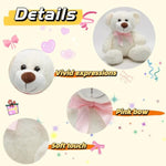14" White Teddy Bear Plush Toy, Cute Bear Stuffed Animal With Pink Bow, Soft & Huggable Plush, Birthday Valentine’S Day, Perfect For Kids Girlfriends Babies Friends