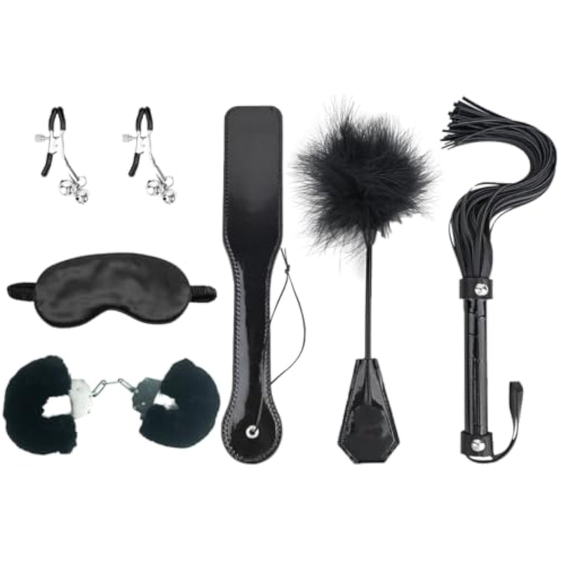 6Pcs Bondage Restraints Set With Furry Handcuffs Satin Blindfold, Whip, Spanking Paddle, Bells Clamp, Feather Teaser For Couples