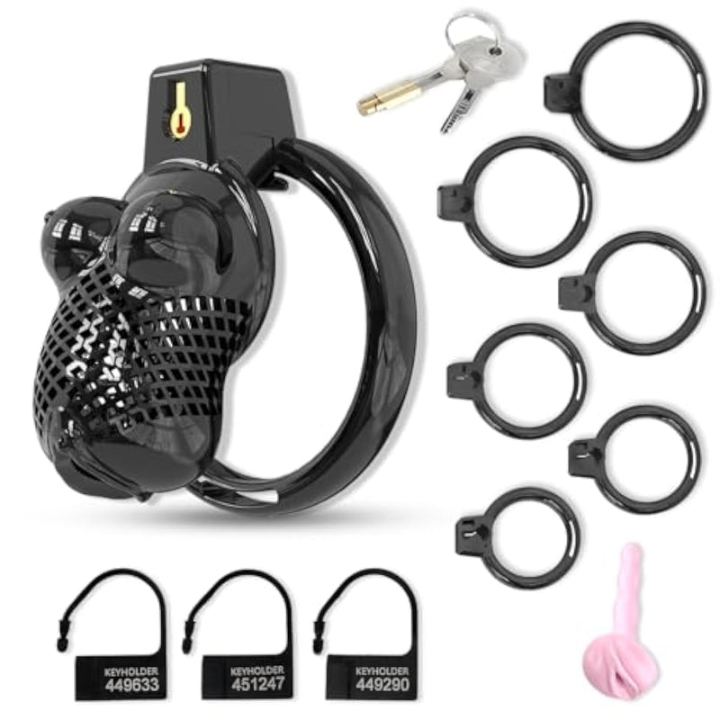 Sissy Cock Cage With Boob Style, Beehive Breathable Design, Inline Chastity Cage With 6 Different Size Flat Rings, Chastity Lock Sex Toy Sm Bondage Extreme For Men (Black,M)