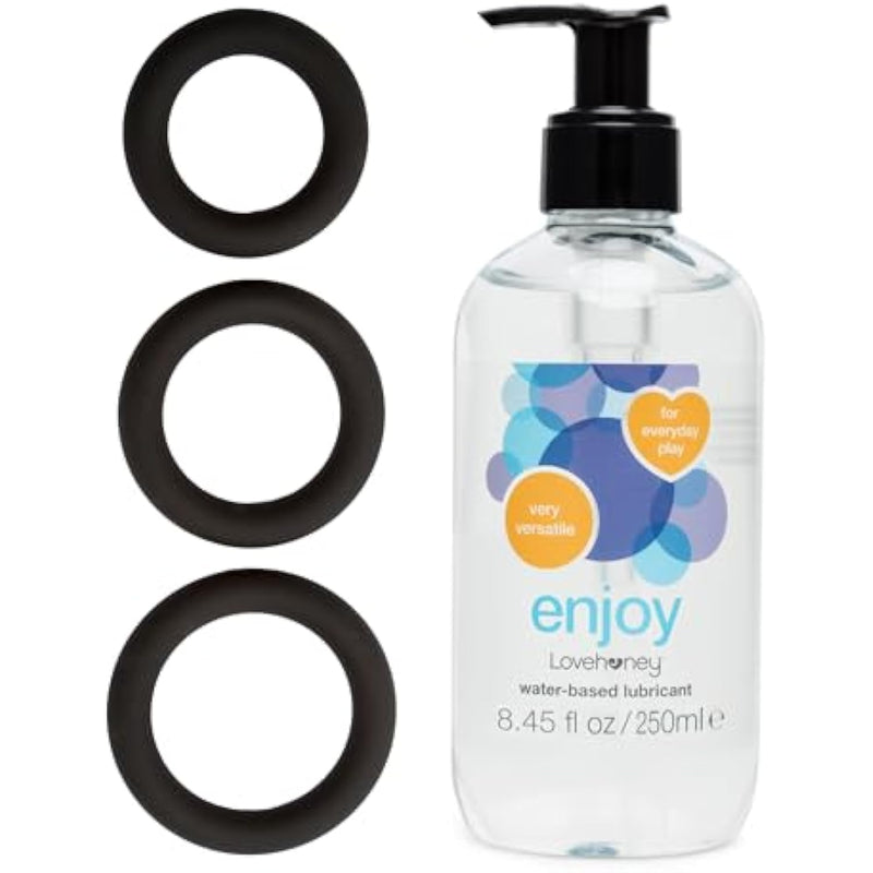 Get Hard Set Of 3 Cock Rings & Enjoy Water Based Lube 8.5 Fl Oz - Male Sex Toy Bundle