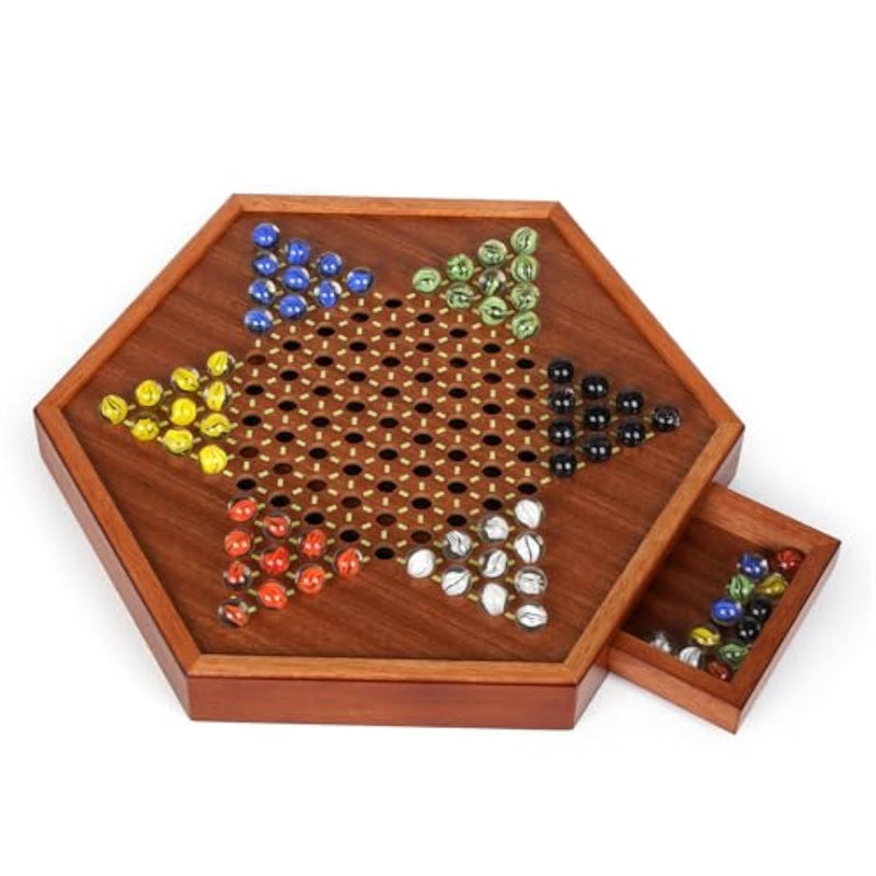 15-Inch Wooden Chinese Checkers Board Game Set – Classic Strategy Game With 72 Glass Marbles, Dual-Sided Storage Drawer, Family Board Games For Adults, Educational Travel And Indoor Game