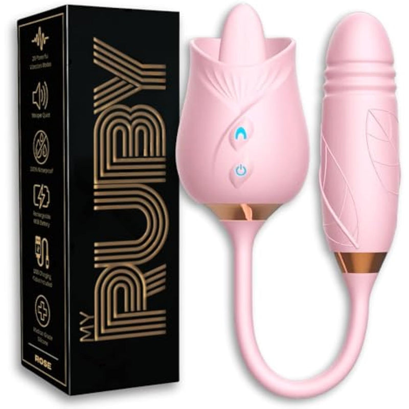 Rose Vibrator For Women And Couples - Vibrating Tongue Licking And Thrusting Dildo With Body-Safe Silicone, Fully Waterproof, Usb Rechargeable Personal Massager - Adult Sex Toys, Clitoral