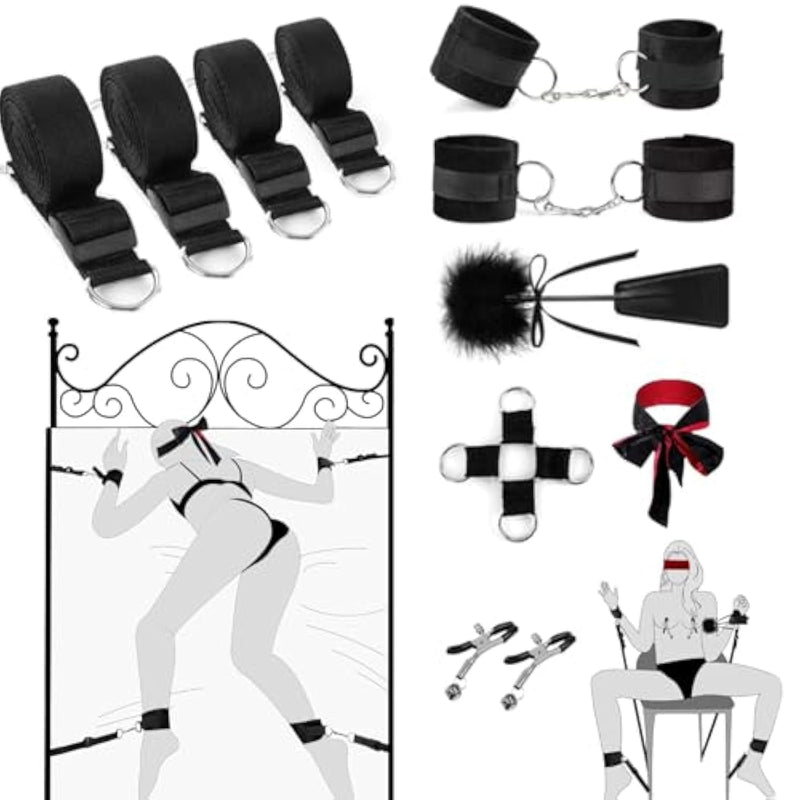 13 Pcs Sex Bondage Bdsm Kit Bed Restraints Straps Set Sex Toys For Women Sm Games Play With Hand Cuffs Ankle Cuff Blindfold Tickler, Adjustable Bondage Set Bed Couple Adult Toys