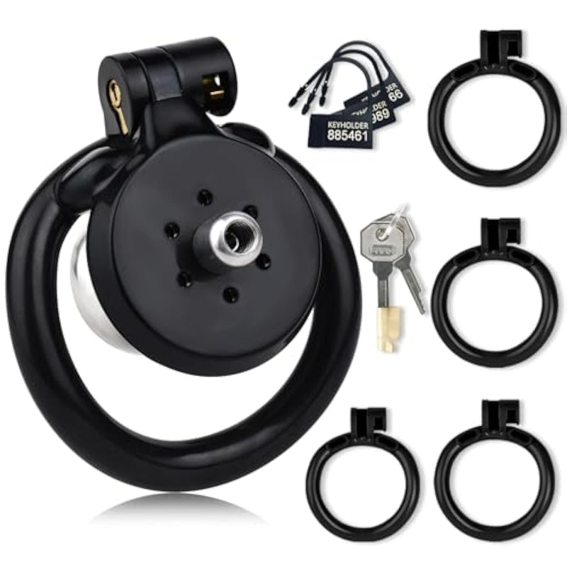 Inverted Chastity Cage Sex Toys Penis Cage With Urinal Holder And 4 Different Rings Chastity Device With Invisible Lock And Belt Used To Man Bondage Cock Cage With 5 Disposable Locks (A,Black)