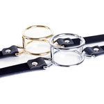 Double Metal Ring Gag Leather Head Harness Restraint Mouth Gags Sex Toys For Couples (Silver)