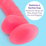 Glow In The Dark Realistic Dildo - 8 Inch With Suction Cup - Flexible Anal Dildo For Women - Harness Compatible Strap On - Adult Sex Toy - Waterproof - Pink