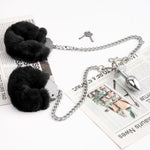 Metal Butt Plug With Furry Handcuffs Stainless Steel Wrist Restraints & Anal Plug Adult Sexual Toys For Women (Black)