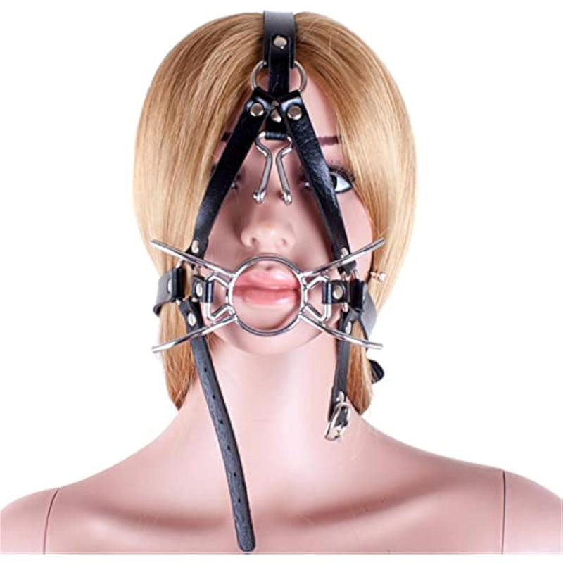 Y-Shape Restraint Head Harness Nose Hook With Metal Spider Ring Gag Bondage Mouth Gags Sex Toys For Couples (Silver)