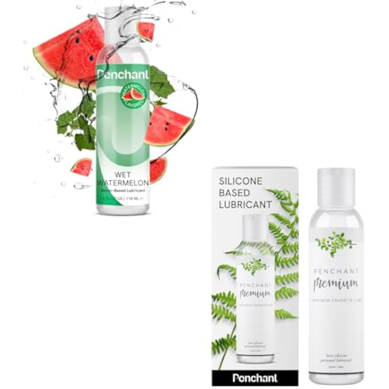 Premium Silicone & Watermelon Flavored Water-Based Lube Set – 4Oz Water-Resistant Silicone Lube & 4Oz Sultry Strawberry Latex-Safe, Edible Lube For Couples