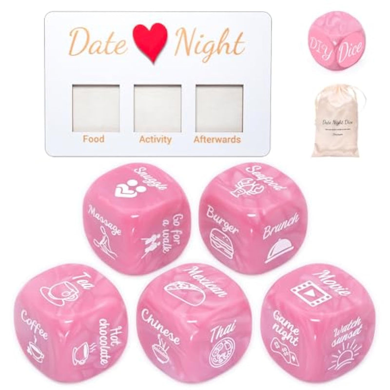 Date Night Dice In Pearl Pink, Couples Gift With 6 Dice, Board, Stickers & Satin Bag For 1 10Th Anniversary Wedding Bridal Shower Engagement Bachelorette Girlfriend Wife Women & Her Birthday