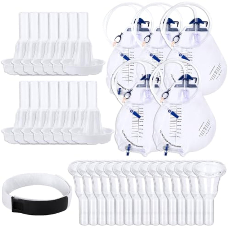 21 Pcs Men External Condom Catheter Self Sealing Sets Include 5 Pcs 2000Ml Urinary Drainage Bags With Tube 15 Male Urine Condom Catheters And 1 Leg Anti Slip Strap For Men(1.26 Inches/ 32 Mm)