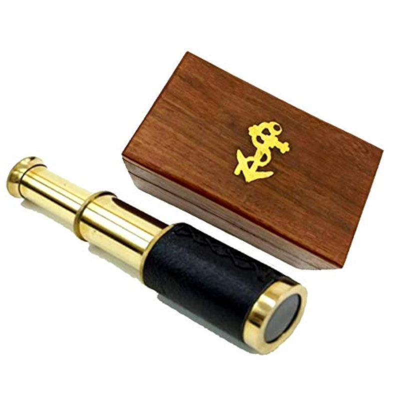 6" Brass Handheld Telescope With Wooden Box Pirate Navigation With Anchor W